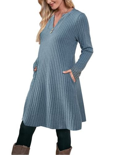 Women's Long Sleeve Summer Blue Plain Notched Daily Going Out Casual Knee Length H-Line Dress - Just Fashion Now - Modalova