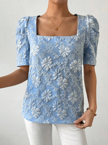 Women's Short Sleeve Shirt Summer Light Blue Floral Square Neck Daily Going Out Casual Top - Just Fashion Now - Modalova