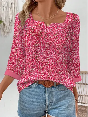 Women's Three Quarter Sleeve Shirt Spring/Fall Red Floral Notched Daily Going Out Casual Top - Just Fashion Now - Modalova