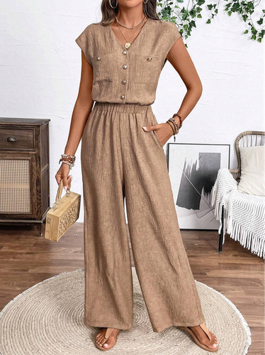 Women's Buckle Plain Daily Going Out Two-Piece Set Khaki Casual Summer Top With Pants Matching Set - Just Fashion Now - Modalova