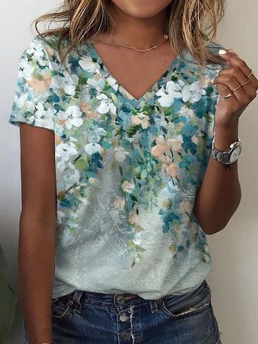 Floral Casual V Neck T-Shirt - Just Fashion Now - Modalova