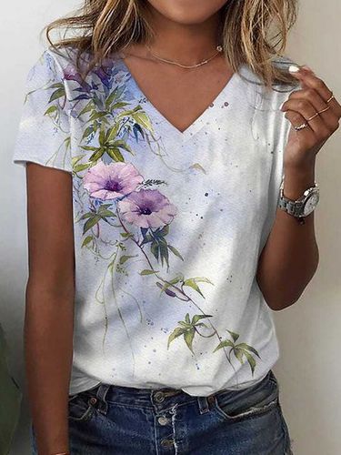 Floral Casual V Neck T-Shirt - Just Fashion Now - Modalova