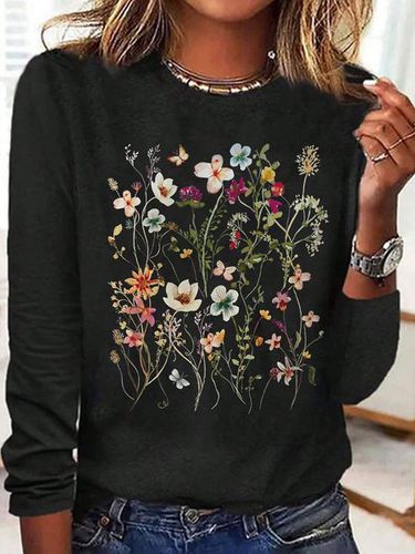 Loose Casual Floral Crew Neck T-Shirt - Just Fashion Now - Modalova