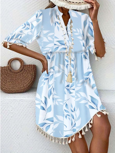 Women's Half Sleeve Summer Light Blue Leaf Tassel V Neck Daily Going Out Casual Mini H-Line - Just Fashion Now - Modalova