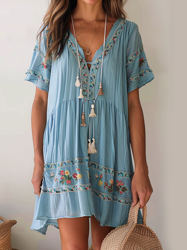 Women's Short Sleeve Summer Light Blue Floral Embroidery V Neck Daily Going Out Casual Mini A-Line Dress - Just Fashion Now - Modalova
