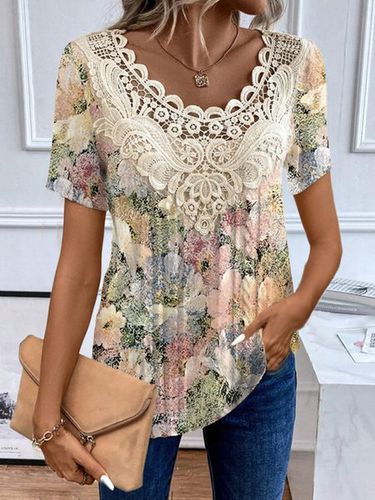 Women's Short Sleeve Blouse Summer Yellow Floral Lace Jersey Crew Neck Daily Going Out Casual Top - Just Fashion Now - Modalova