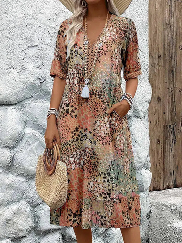 Women's Short Sleeve Summer Khaki Leopard Lace V Neck Daily Going Out Casual Knee Length A-Line Dress - Just Fashion Now - Modalova