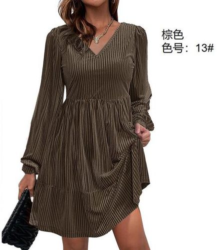 Women's Long Sleeve Summer Nudepink Plain V Neck Balloon Sleeve Daily Going Out Casual Knee Length A-Line Dress - Just Fashion Now - Modalova