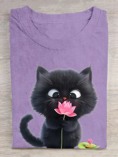 Crew Neck Cat Cotton Casual T-Shirt - Modetalente - Modalova