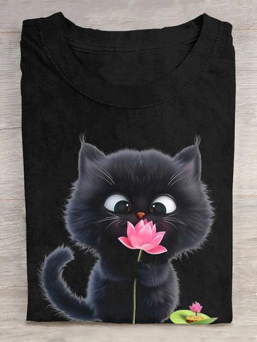 Crew Neck Cat Cotton Casual T-Shirt - Modetalente - Modalova