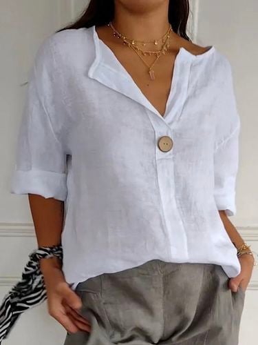 Cotton Loose V Neck Casual Blouse - Just Fashion Now - Modalova