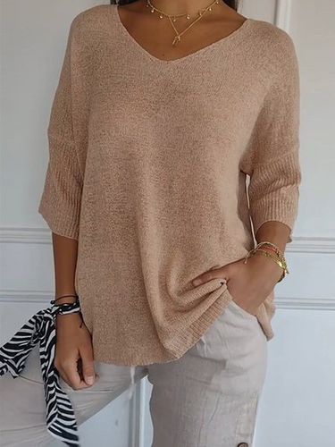 Yarn/Wool Yarn Casual V Neck Plain Sweater - Just Fashion Now - Modalova