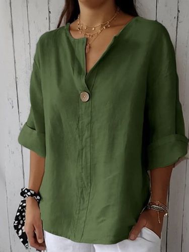 Cotton Loose V Neck Casual Blouse - Just Fashion Now - Modalova