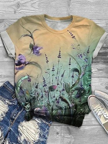 Casual Floral Jersey Crew Neck T-Shirt - Just Fashion Now - Modalova