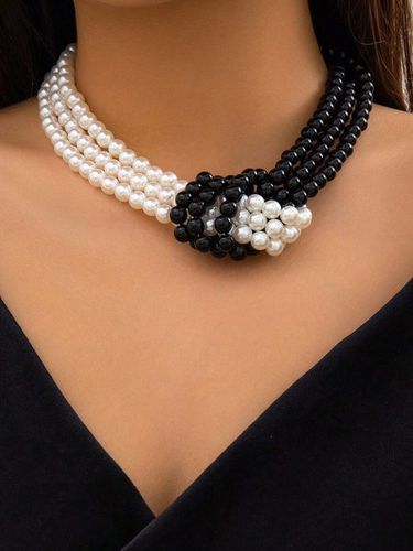 Elegant Color-block Faux Pearl Bead Multi-layer Necklace - Just Fashion Now - Modalova