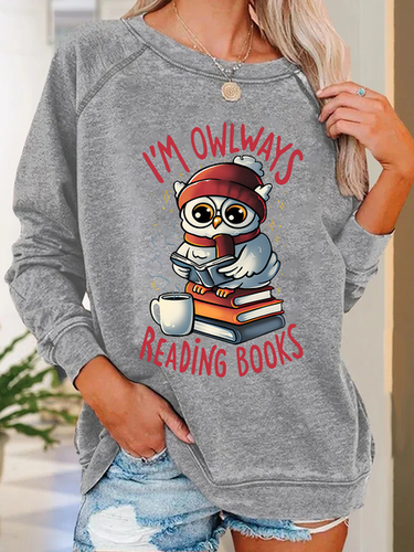 Owlways Reading Books Text Letters Casual Crew Neck Sweatshirt - Modetalente - Modalova