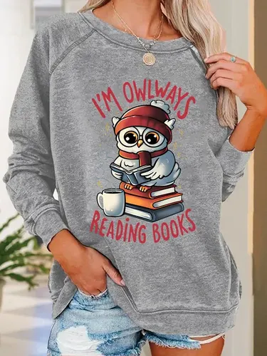 Owlways Reading Books Text Letters Casual Crew Neck Sweatshirt - Modetalente - Modalova