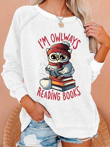 Owlways Reading Books Text Letters Casual Crew Neck Sweatshirt - Modetalente - Modalova