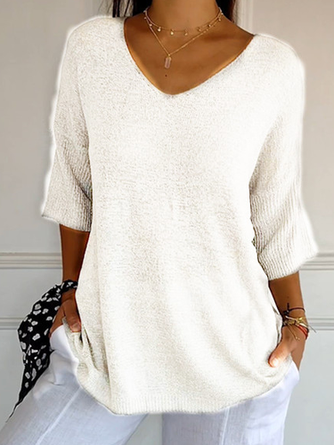 Plain Casual Loose V Neck Sweater - Just Fashion Now - Modalova