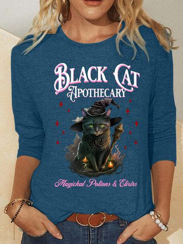 Black Cat Apothecary Halloween Casual Long Sleeve Shirt - Just Fashion Now - Modalova