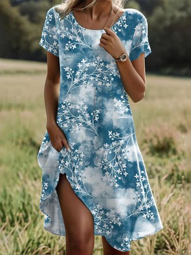 Women's Short Sleeve Summer Blue Floral Crew Neck Daily Going Out Casual Midi H-Line T-Shirt Dress Dress - Just Fashion Now - Modalova