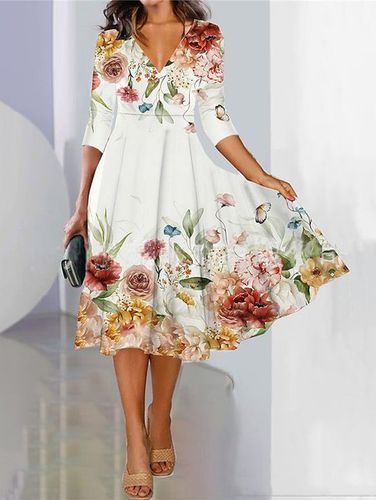 V Neck Floral Loose Casual Dress - Just Fashion Now - Modalova