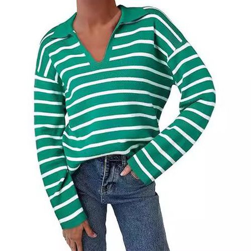 Women's Long Sleeve Blouse Spring/Fall Green Striped Wool/Knitting Shirt Collar Daily Going Out Top - Just Fashion Now - Modalova