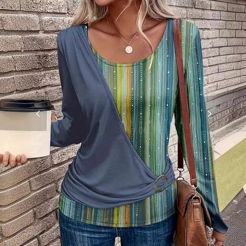 Women's Long Sleeve Blouse Spring/Fall Green Striped Crew Neck Daily Going Out Casual Top - Just Fashion Now - Modalova