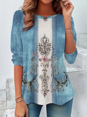 Ethnic Floral Design Round Neck Loose Long Sleeve T-Shirt - Just Fashion Now - Modalova