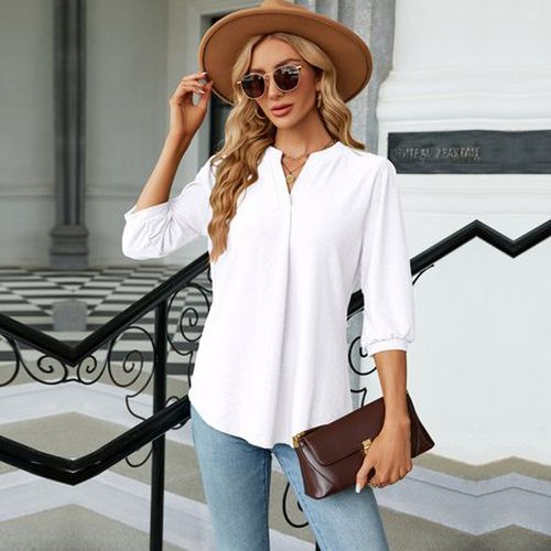 Women's Half Sleeve Shirt Summer White Plain V Neck Balloon Sleeve Daily Going Out Casual Top - Just Fashion Now - Modalova