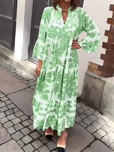 Women's Long Sleeve Spring/Fall Khaki Ethnic Printing V Neck Party Going Out Ethnic Maxi A-Line Dress - Just Fashion Now - Modalova