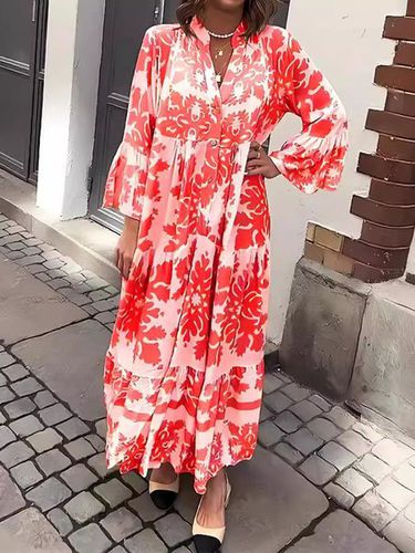 Women's Long Sleeve Spring/Fall Khaki Ethnic Printing V Neck Party Going Out Ethnic Maxi A-Line Dress - Just Fashion Now - Modalova