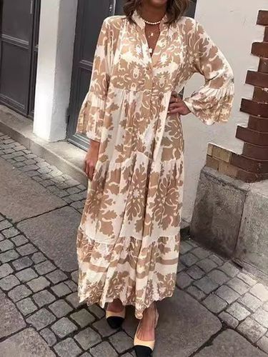 Women's Long Sleeve Spring/Fall Khaki Ethnic Printing V Neck Party Going Out Ethnic Maxi A-Line Dress - Just Fashion Now - Modalova