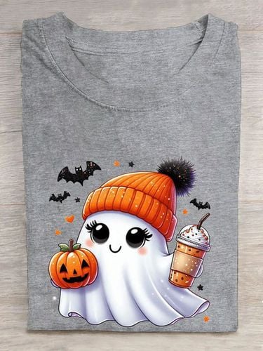 Fun Halloween Pumpkin Printed Round Neck T-shirt - Just Fashion Now - Modalova