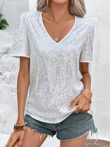 Women's Plain Glitter V Neck Daily Going Out Casual Top - Just Fashion Now - Modalova