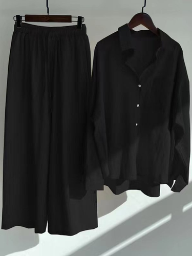 Casual Shawl Collar Loose Plain Two-Piece Set - Just Fashion Now - Modalova