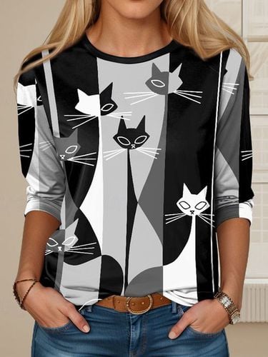 Cat print casual round neck long sleeved T-shirt - Just Fashion Now - Modalova