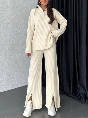 Knitted Plain Half Open Collar Casual Two-Piece Set - Just Fashion Now - Modalova