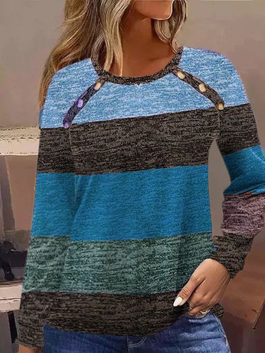 Women's Color Block Buckle Knitted Crew Neck Casual Top - Just Fashion Now - Modalova