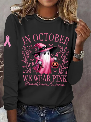 Women's In October We Wear Pink Halloween Ghost Breast Cancer Awareness Warrior Long-Sleeve T-Shirt - Just Fashion Now - Modalova