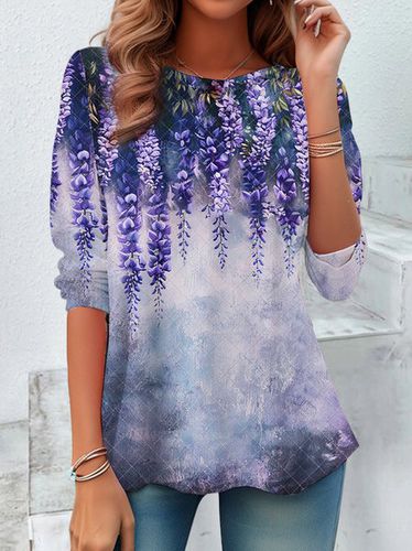 Purple Floral Design Round Neck Casual T-Shirt - Just Fashion Now - Modalova