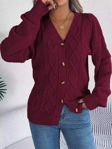 Casual Buckle Wool/Knitting V Neck Cardigan - Just Fashion Now - Modalova