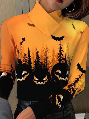 Halloween Pumpkin Cross Neck Long Sleeve T-Shirt - Just Fashion Now - Modalova