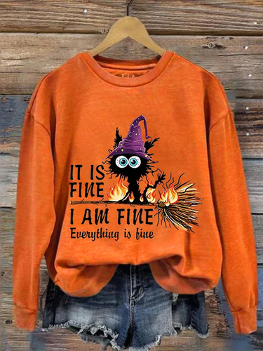 It's Fine I'm Fine Black Cat Print Crew Neck Sweatshirt - Just Fashion Now - Modalova