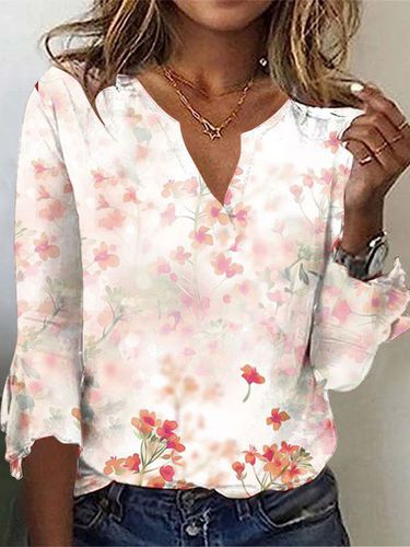 Loose Floral Casual Notched T-Shirt - Just Fashion Now - Modalova