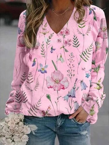 Floral Casual V-neck Sweatshirt - Just Fashion Now - Modalova