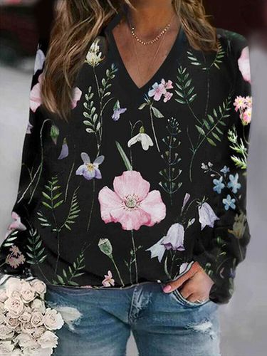 Floral Casual V-neck Sweatshirt - Just Fashion Now - Modalova