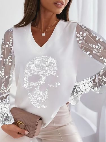 Hot Drilling V Neck Casual Lace Blouse - Just Fashion Now - Modalova