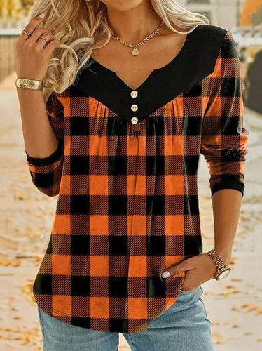 Plaid Casual Loose Notched Blouse - Just Fashion Now - Modalova