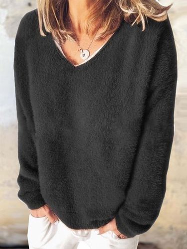 Casual Plain V Neck fluff Sweatshirt - Just Fashion Now - Modalova